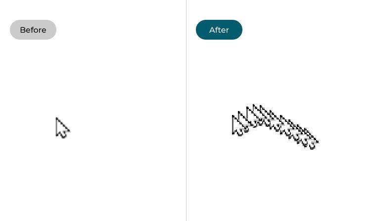 The Windows 10 pointer before and after adding mouse trails
